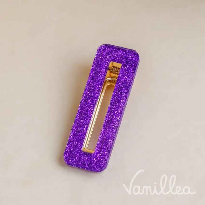 Barrette à paillettes violette rectangulaire