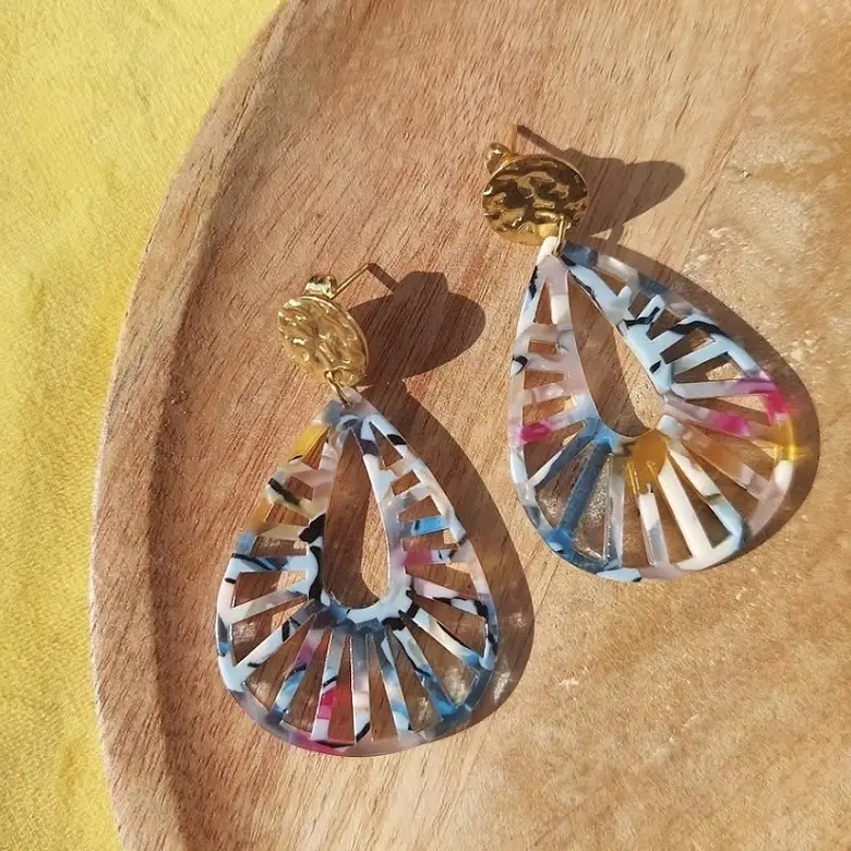 Boucles d'oreilles bleu multicolore rayons en forme de goutte