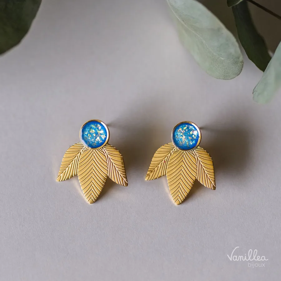 Boucles d'oreilles feuilles dorées FAUSTINE vert d'eau