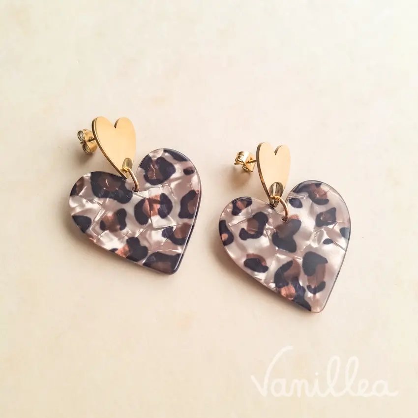 Boucles d’oreilles cœurs léopard légères en acier inoxydable