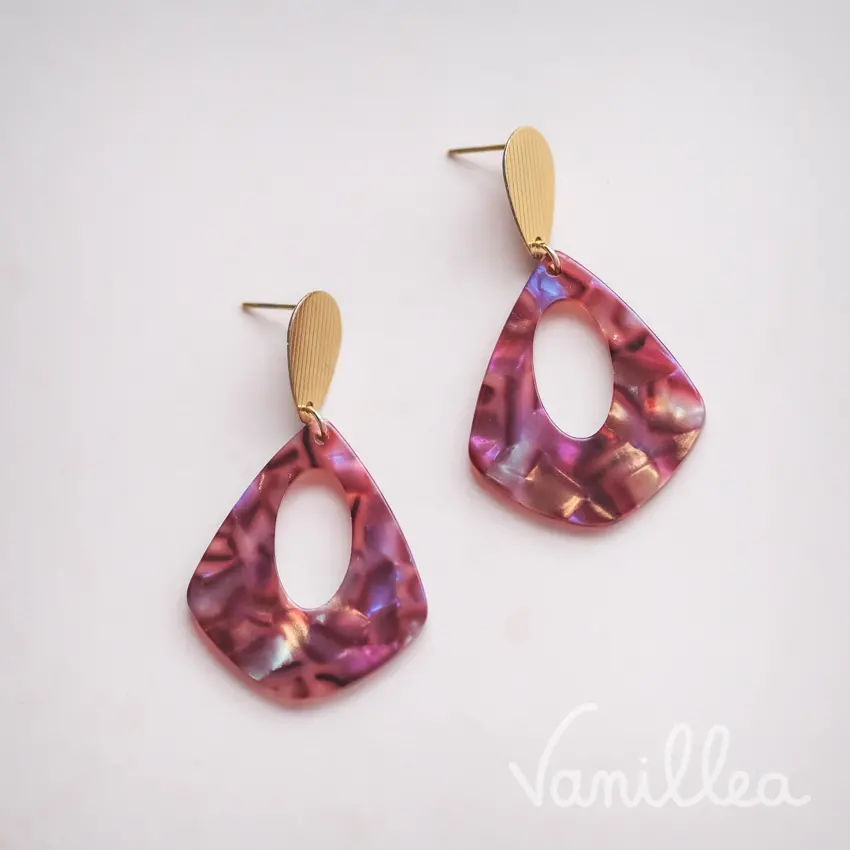 Boucles d’oreilles pendantes acétate bordeaux rosé femme