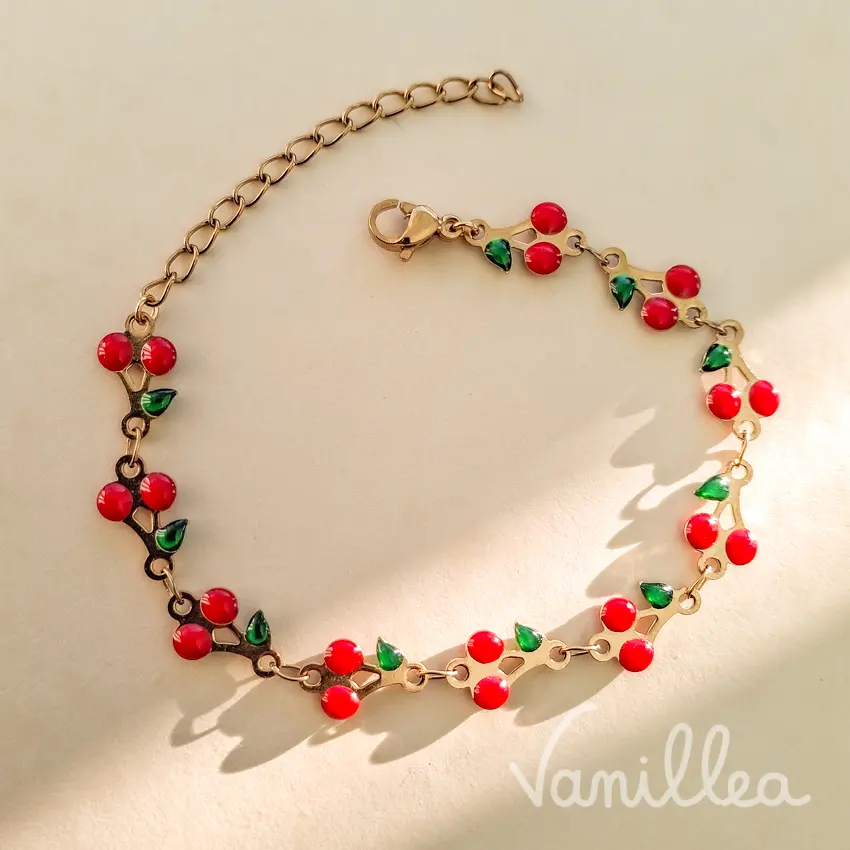 Bracelet cerises rouges doré pour femme