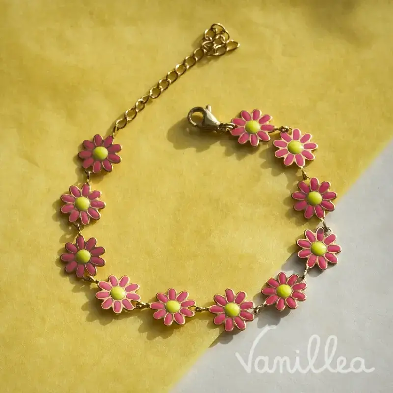 Bracelet marguerites rose foncé en acier inoxydable