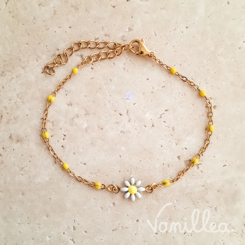 Bracelet marguerite perles jaunes doré en acier inoxydable réglable