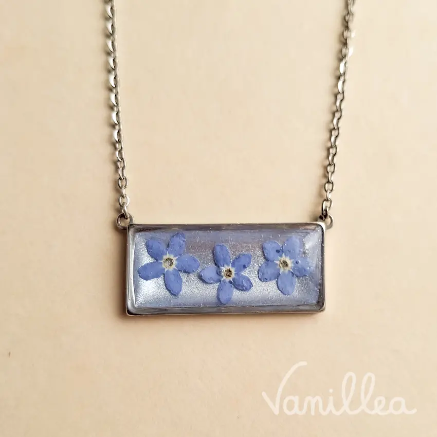 Collier myosotis rectangle argenté