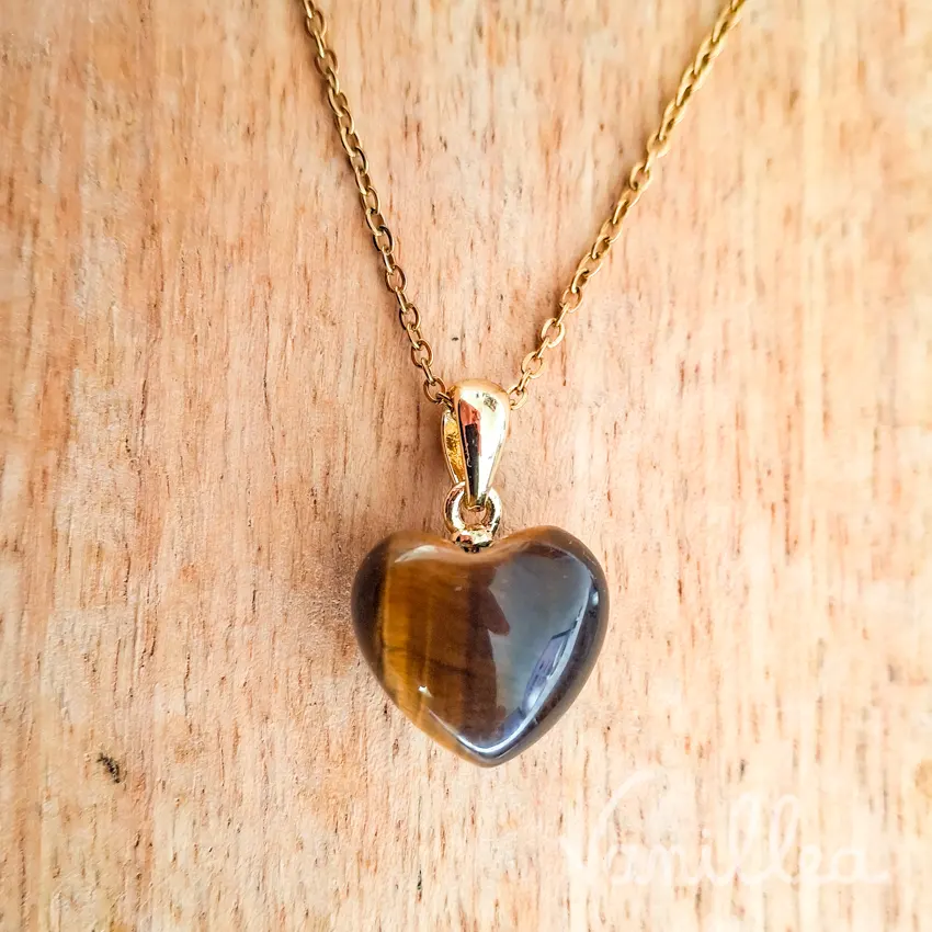Collier cœur œil de tigre doré pour femme