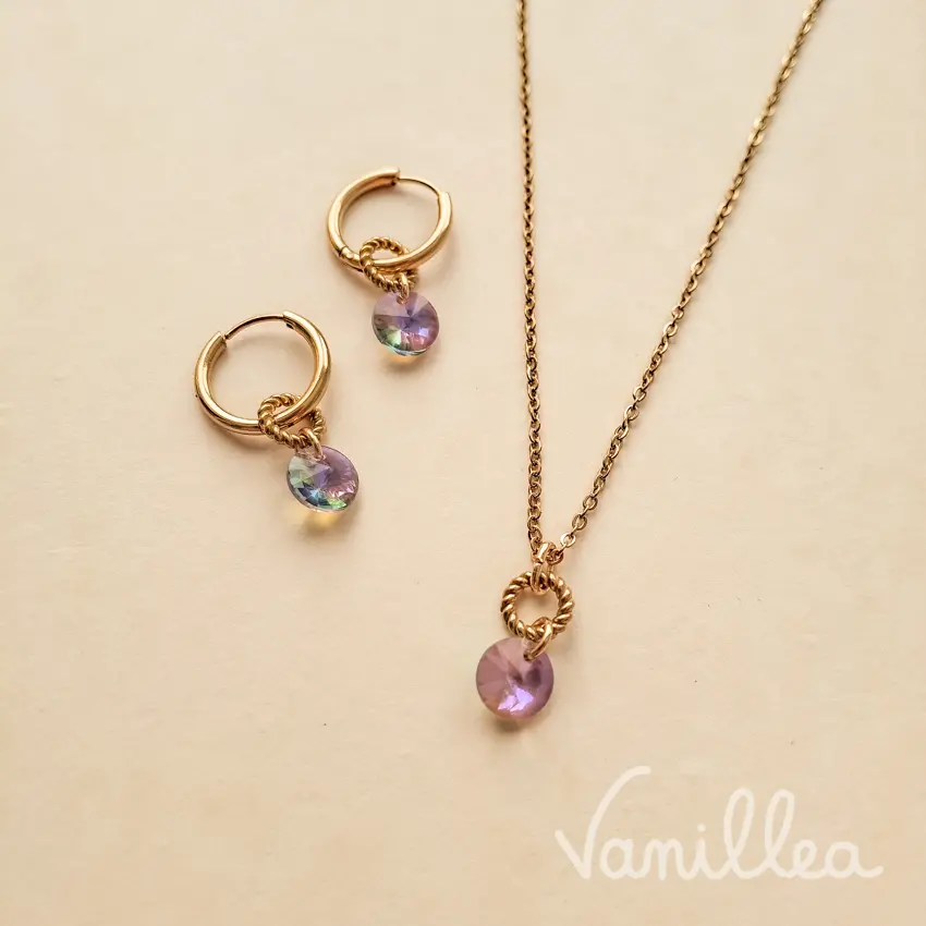 Ensemble collier et boucles cristal violet doré
