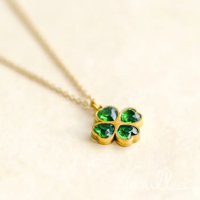 Collier trèfle à 4 feuilles vert doré en acier inoxydable, bijou porte-bonheur