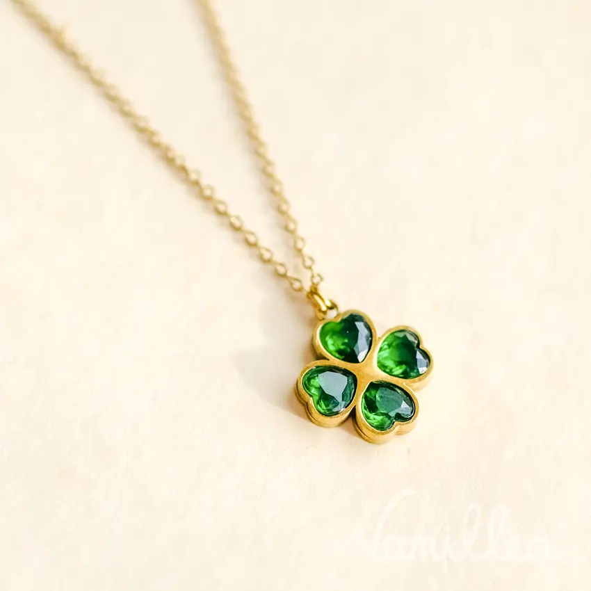 Collier trèfle à 4 feuilles vert doré en acier inoxydable, bijou porte-bonheur