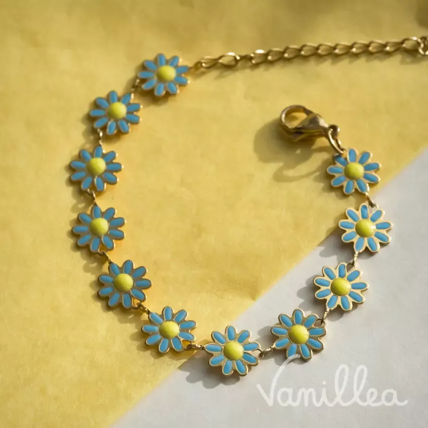 bracelet marguerite bleue émaillée acier inoxydable vue dessus