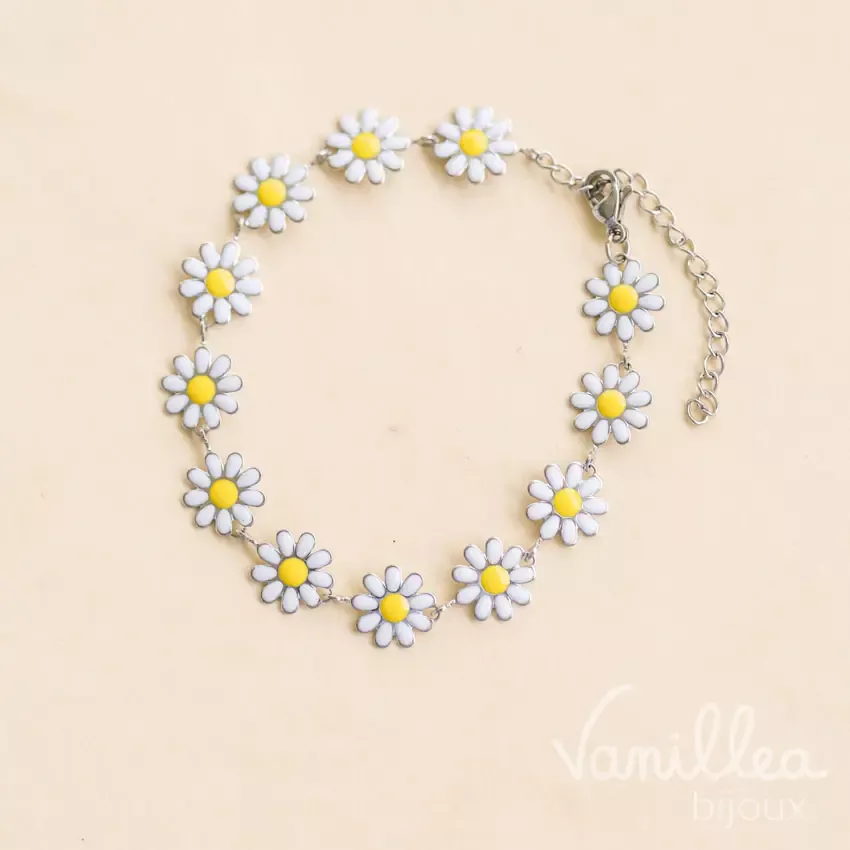 bracelet marguerite blanche argent acier inoxydable vue dessus