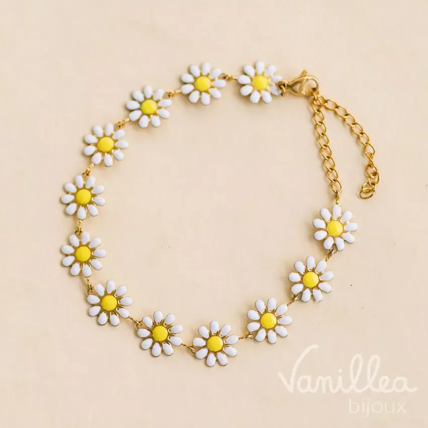 Bracelet marguerites en acier inoxydable doré
