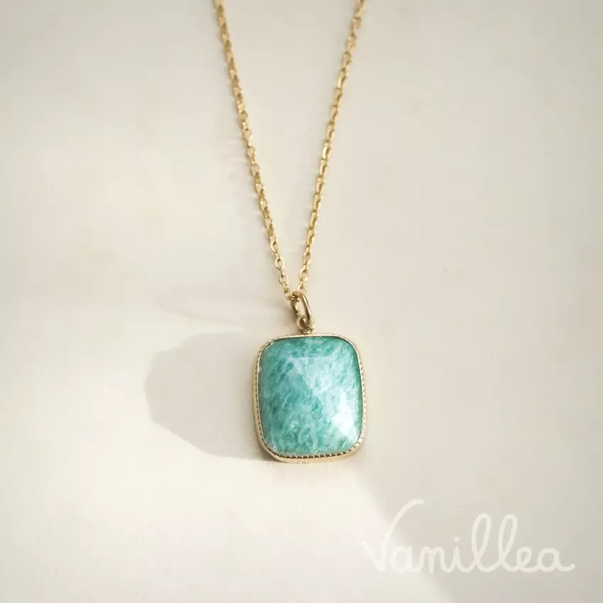 Collier rectangle en Amazonite en acier inoxydable doré