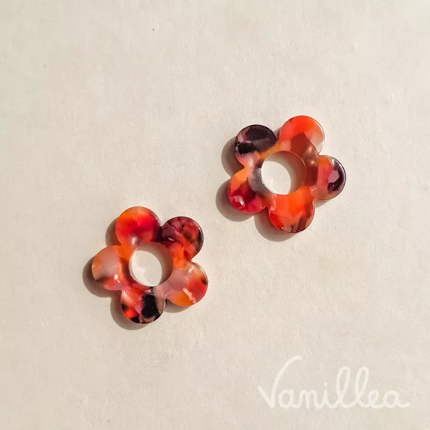 pampille fleur résine orange prune marbrée 20 mm face