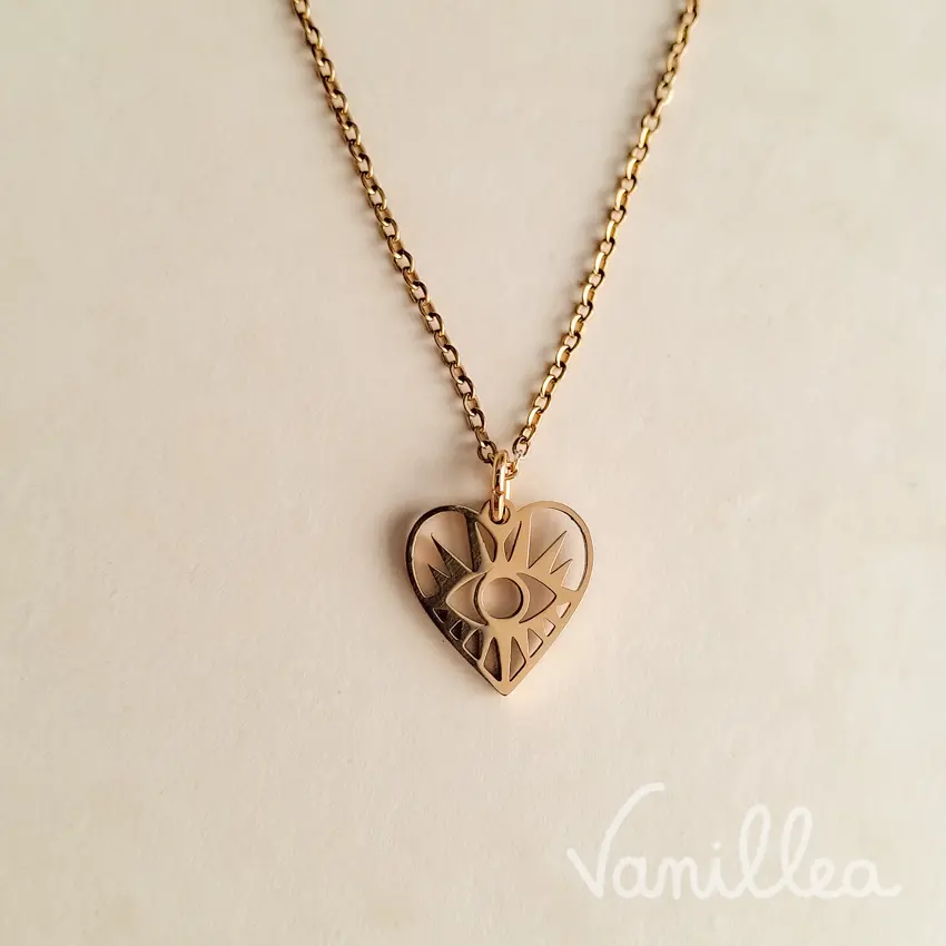Collier coeur oeil doré AURA en acier inoxydable