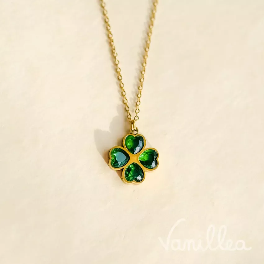 Collier trèfle à 4 feuilles vert doré en acier inoxydable, bijou porte-bonheur